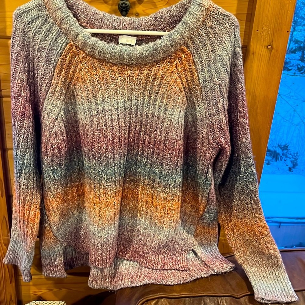 ECRU rainbow sweater BOXY wide round neck oversized L Split sides chunky knit Lg
